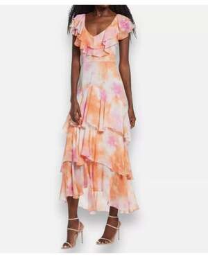 WAYF women's Passion tie dye Chelsea ruffle trim tiered chiffon maxi dress SZ XL